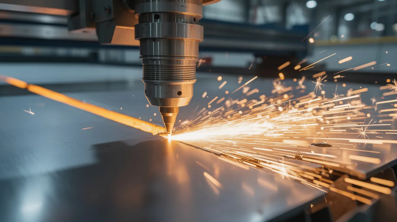 A close-up view of a fiber laser cutting head in action, as it moves across a steel sheet, producing bright orange sparks. This image captures the precision of laser cutting in the sheet metal manufacturing industry, highlighting the intricate process of cutting sheet metal with high accuracy.
