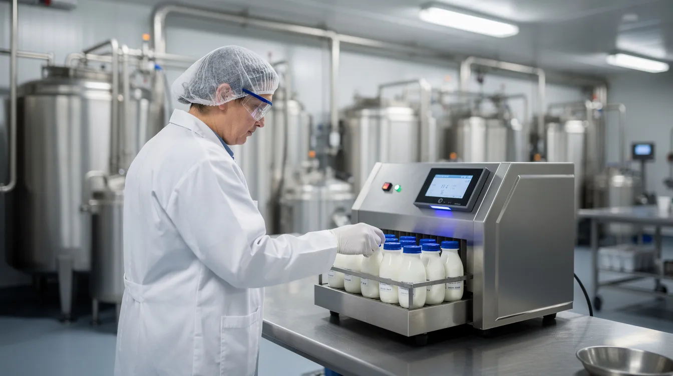 A laboratory technician is seen analyzing milk samples with electronic milk analyzer equipment in a dairy processing plant, focusing on determining the milk fat and solids content crucial for quality control in the dairy industry. This testing is an essential part of the milk procurement process, ensuring the production of high-quality dairy products like ghee and butter.