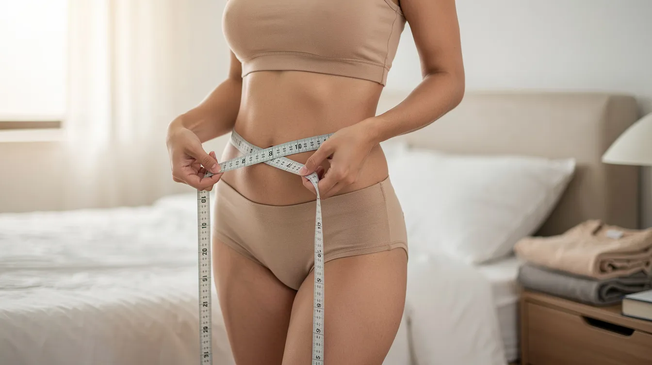 A person is measuring their waist with a measuring tape, preparing to order a compression garment to support their healing process after a tummy tuck procedure. This garment will help reduce swelling and ensure a smooth recovery by providing the necessary compression to the body.