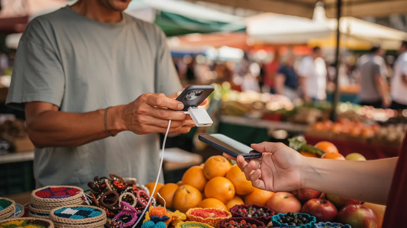 A vendor at an outdoor market is using a mobile card reader connected to a smartphone to accept credit card payments from customers. This setup allows for convenient payment processing, enabling the vendor to efficiently handle transactions in a busy marketplace.