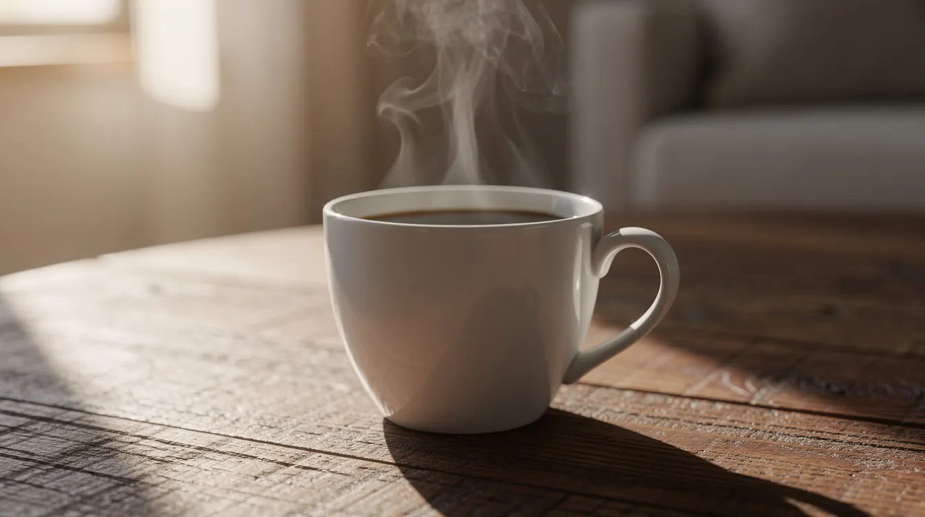 A white coffee cup sits on a wooden table, with steam gently rising from it in the soft morning light. This inviting scene evokes a sense of relaxation and alertness, hinting at the caffeine&rsquo;s role in influencing adenosine receptors and sleep pressure in the body.