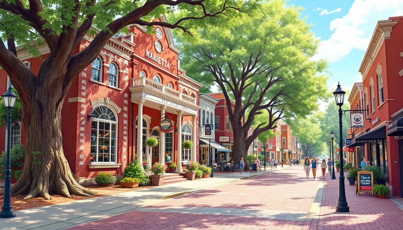 An inviting coffee shop in Marietta, GA, features cozy tables and an open layout, offering a view of the Chattahoochee River. Patrons can enjoy free drinks, delicious pastries, and toast while relaxing in this charming corner of the apartment complex.