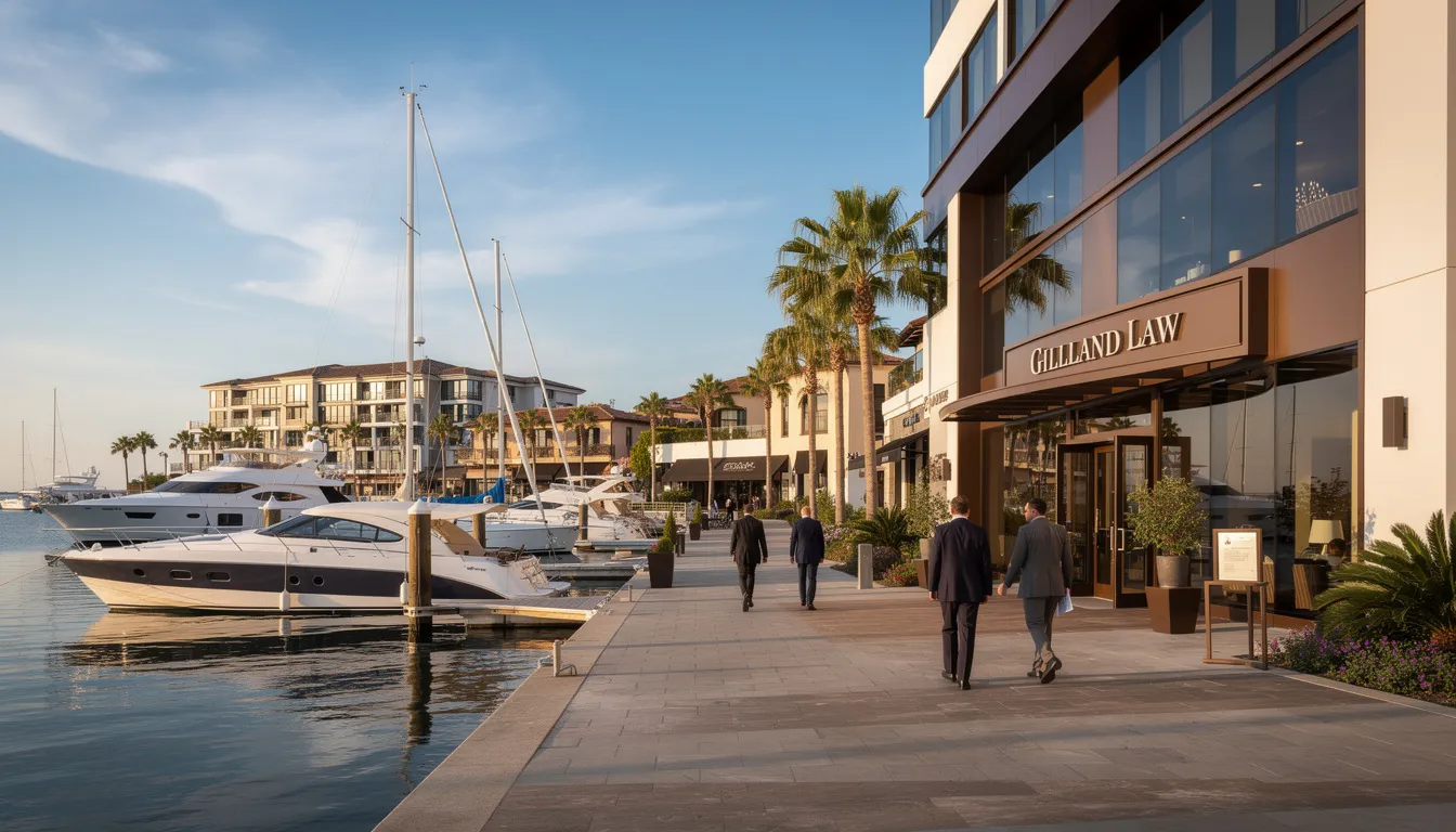 The image depicts the picturesque waterfront area of Newport Beach, California, where Gilliland Law operates as a premier law firm specializing in estate planning for high net worth clients in Orange County. The scene captures the vibrant coastal environment, reflecting the firm's commitment to providing experienced estate planning attorneys who guide families through the estate planning process to protect their wealth and secure their loved ones' futures.