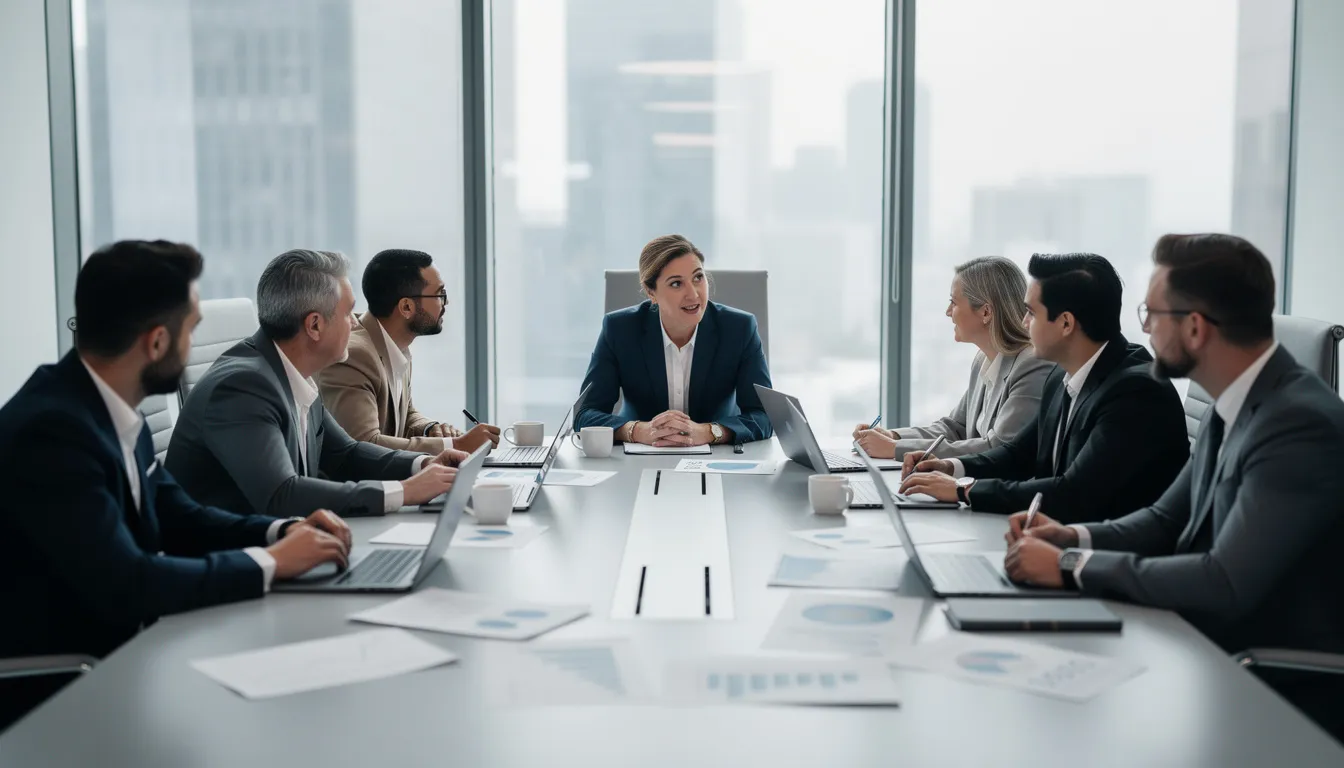 Een team van professionals is betrokken in een intensieve discussie rond een vergadertafel, omringd door laptops en documenten. Deze bijeenkomst benadrukt de samenwerking op strategisch niveau en het delen van actuele kennis over informatiemanagement en digitale transformatie.