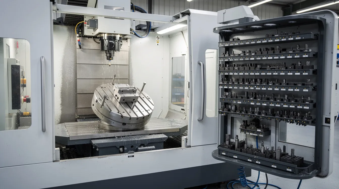 The image depicts a 5-axis CNC machining center featuring a tilting rotary table and a tool magazine, showcasing the advanced capabilities of CNC technology for performing complex machining tasks. This modern CNC machine allows for precise cutting and efficient material removal, essential in the manufacturing process.