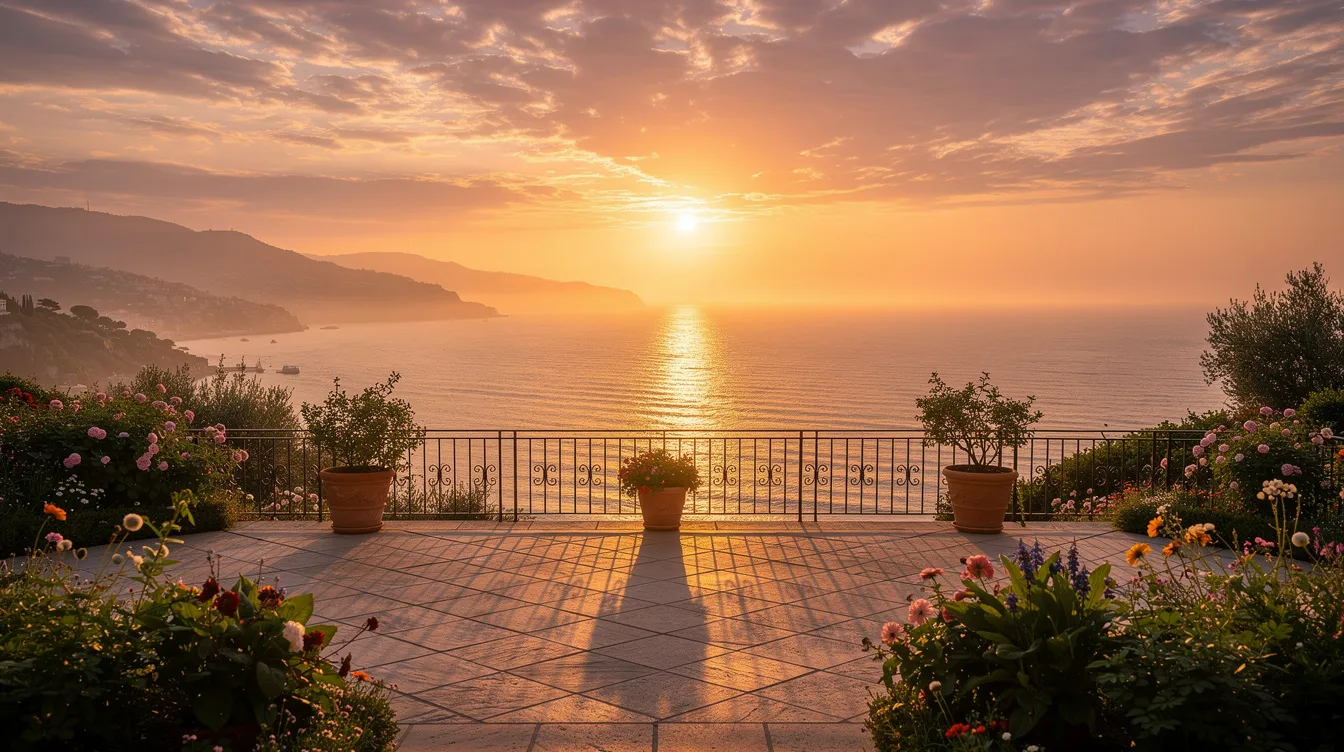 A stunning sunset view over a calm bay, with golden light reflecting on the water, is captured from a garden terrace surrounded by lush greenery. This serene scene showcases the beauty of the Dorset coast, perfect for those seeking large holiday cottages in a delightful seaside town.