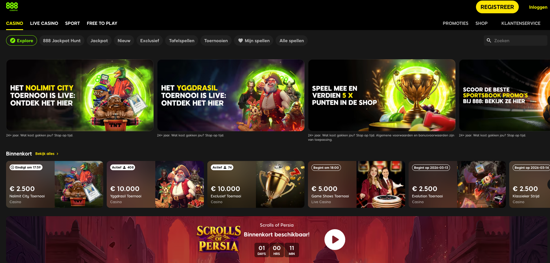 Overzichtspagina van 888 Casino met promoties en casinotoernooien, waaronder Nolimit City en Yggdrasil toernooien, aankomende events met prijzengelden en categorieën zoals jackpots, tafelspellen en exclusieve games.