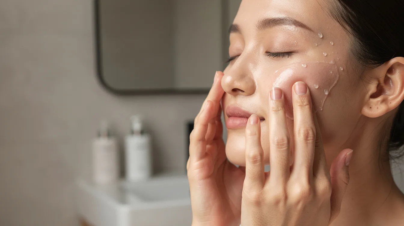 A person with their eyes closed is gently patting layers of hydrating toner onto their face in a serene bathroom setting, aiming to achieve glass skin. This skincare routine focuses on enhancing the skin's texture and boosting its natural radiance for a glowing, smooth complexion.