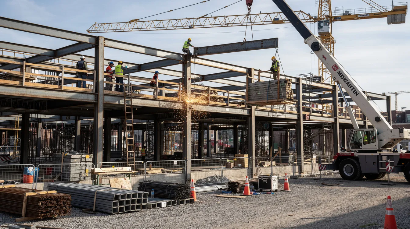 The image depicts an active construction site featuring steel structural beams and columns, with workers and cranes in the background. The scene highlights the use of hot rolled and cold rolled steel, showcasing various shapes and sizes of structural components essential for heavy-duty structures.