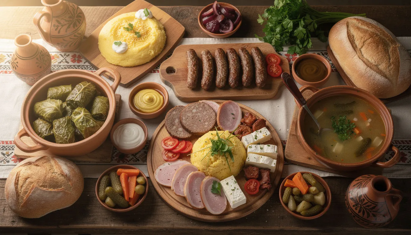 The image showcases a traditional Romanian feast spread across a wooden table, featuring an array of delicious dishes such as stuffed cabbage rolls, meatball soup, and roasted eggplant salad. Accompanying the meal are fresh bread and a selection of local wines, reflecting the rich flavors of Romanian cuisine and culture.