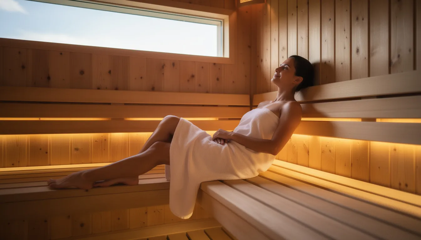 A person is relaxing on a wooden sauna bench in a warm, inviting sauna room, with soft ambient lighting and natural light streaming in through a high window, creating a serene atmosphere for the sauna experience. The interior features thermally modified wood and ample light, enhancing the calming environment.