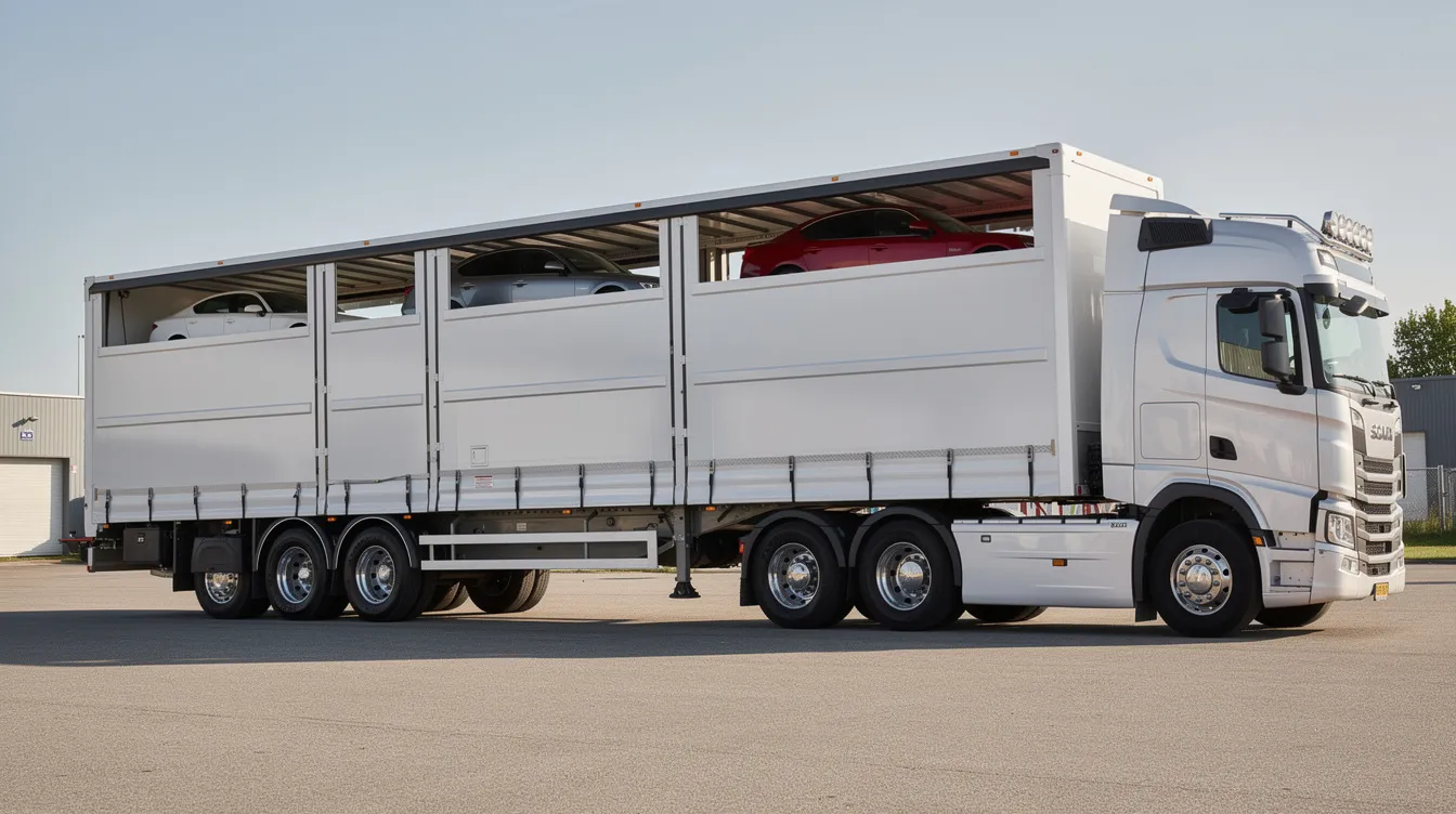 An enclosed auto transport trailer with covered sides is depicted, ensuring that the vehicles inside are protected from external elements. This type of transport is ideal for car shipping services, particularly for classic and antique cars, providing enhanced protection during transit.