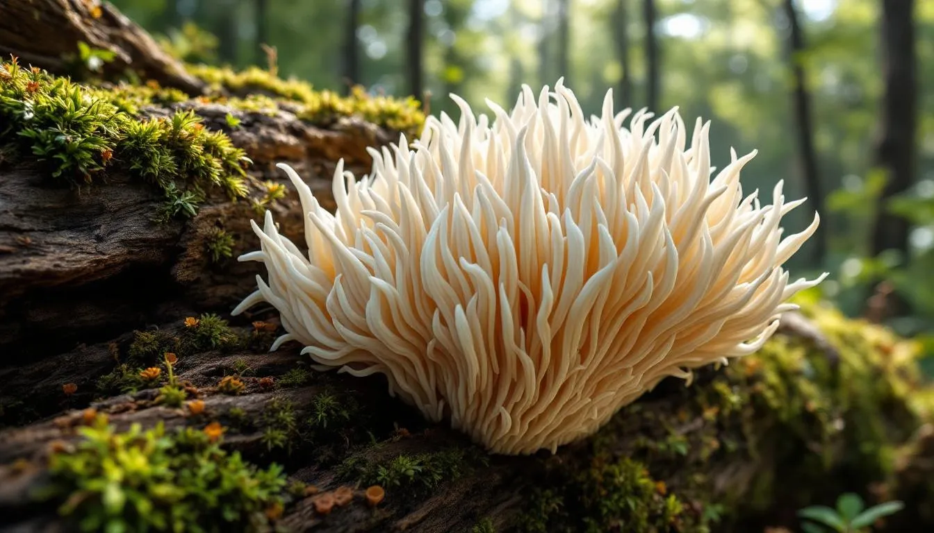 The image features a cluster of fresh lion's mane mushrooms, characterized by their unique white, fluffy appearance resembling a lion's mane. These mushrooms are known for their potential health benefits, including support for brain health and cognitive function, making them a popular choice in dietary supplements.