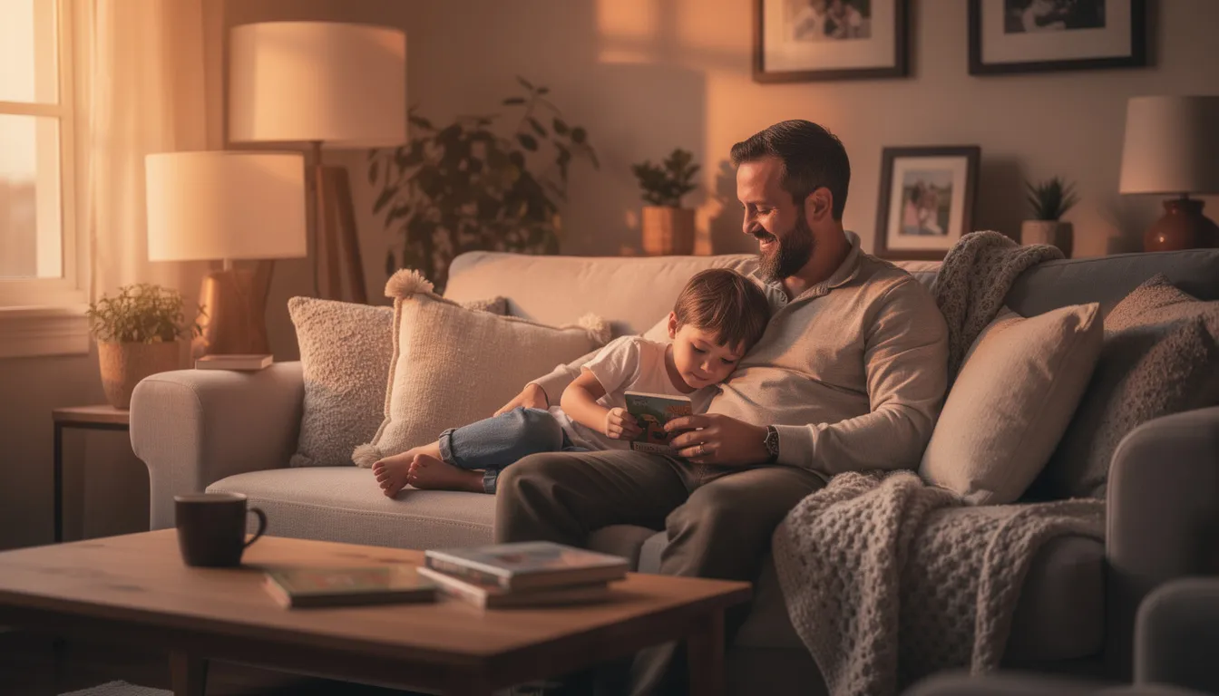 A father sits on a cozy couch in a warm living room, engaging with his young child, embodying the essence of a godly father and spiritual leader of the home. This intimate moment reflects their strong relationship and the importance of leading a family spiritually in everyday life.