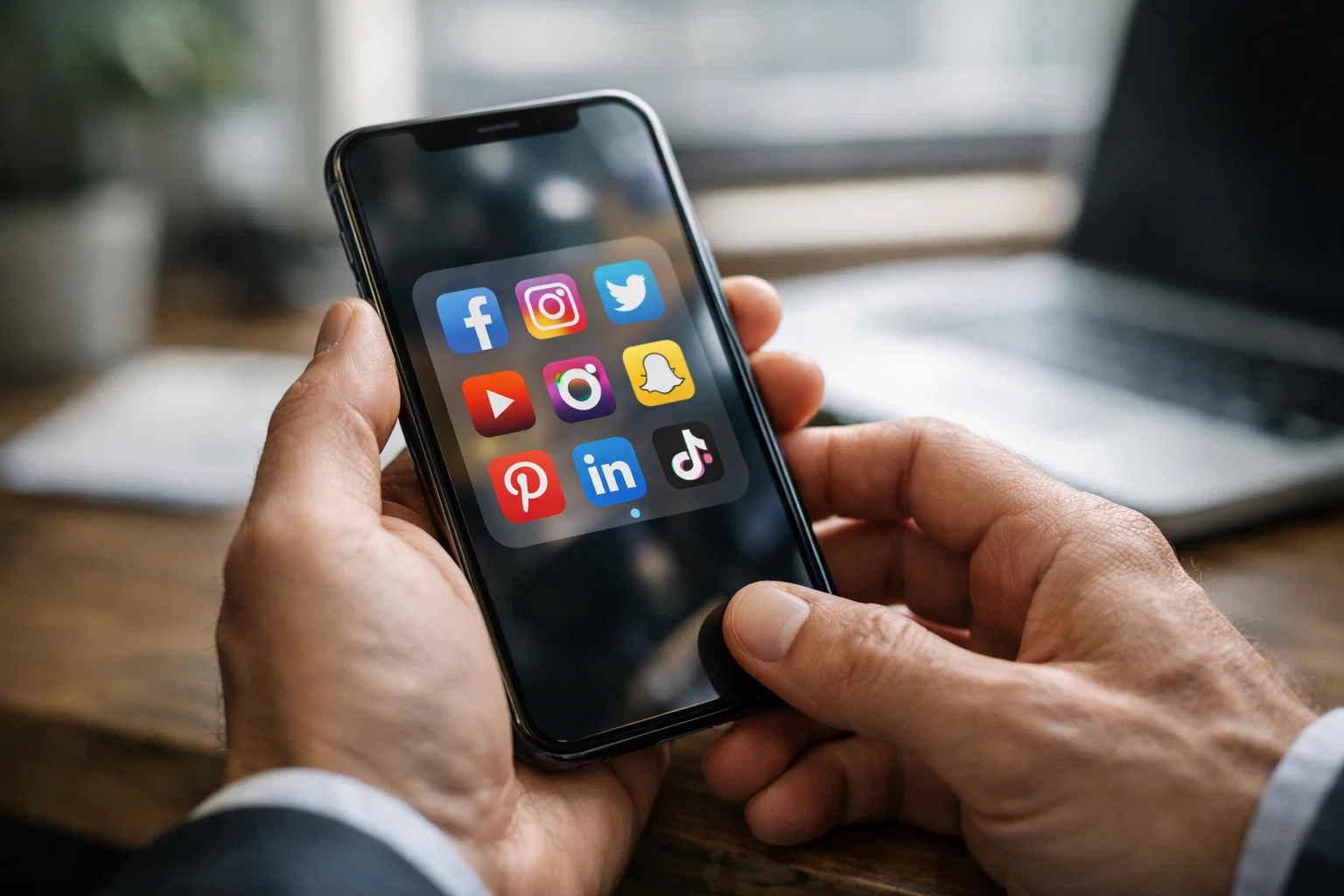 Business owner reviewing different social media platforms on smartphone in office environment