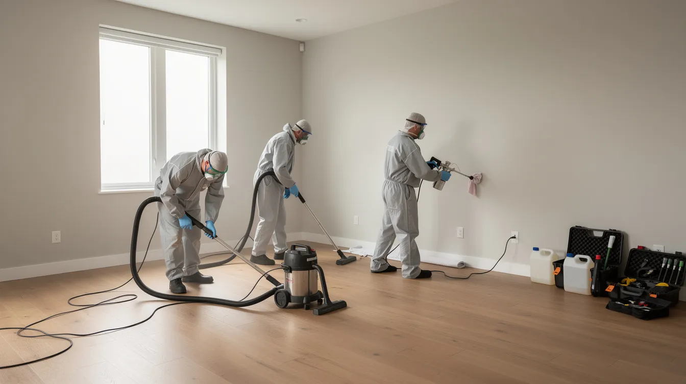 Two professional technicians dressed in protective equipment are methodically cleaning an empty residential room using specialized tools, ensuring the removal of any biohazard contamination. This thorough biohazard cleanup process highlights their expertise in handling potentially infectious materials and maintaining safety standards.