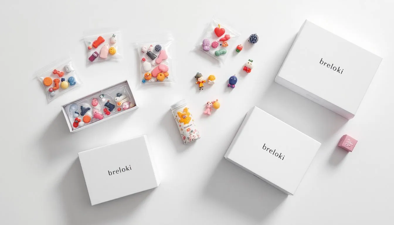 Na zdjęciu widać różnorodne breloki reklamowe, które są zaprezentowane w różnych opakowaniach – luzem, w woreczkach oraz eleganckich pudełkach. Breloki te mogą być dostosowane z logo firmy lub własnym nadrukiem, co czyni je idealnym upominkiem promocyjnym.