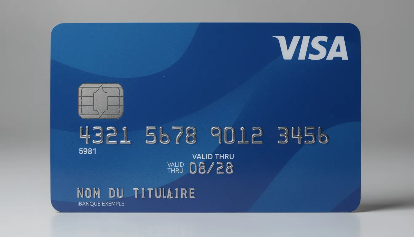 Gros plan sur une carte bancaire affichant les mentions Visa, avec des informations telles que le numéro de carte et la date d'expiration au recto, utilisée souvent pour des paiements liés à la location de voiture. Cette carte de paiement est essentielle pour les transactions à l'étranger, notamment lors de vacances.
