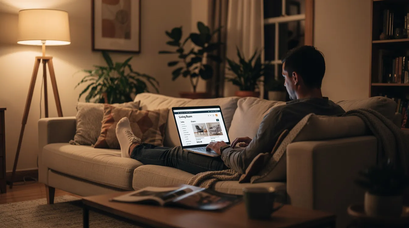 A person is seated comfortably in a cozy living room, browsing a furniture website on their laptop, looking for stylish and affordable sofa beds, such as the Koala sofa bed, to enhance their living space. The room features plush cushions and soft fabric, creating a warm atmosphere perfect for finding the right multifunctional furniture for both everyday use and accommodating overnight guests.