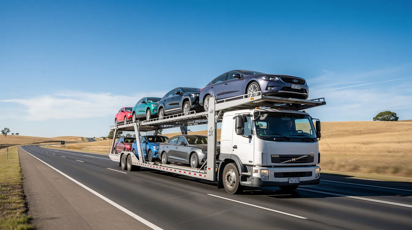 A multi-car carrier truck is driving along an open highway under clear blue skies, showcasing the efficiency of auto transport services for car shipping needs. This scene represents the reliable transportation of vehicles, ideal for those looking for Iowa car shipping options.