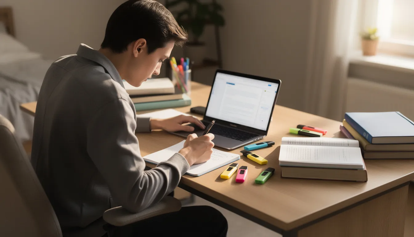 A person is sitting at a desk, focused on studying with a laptop open in front of them, while taking notes on a notepad. This scene represents the dedication of military spouses pursuing continuing education courses and career advancement opportunities in high-demand fields like cybersecurity.
