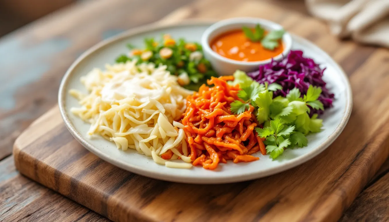 A vibrant plate displays a healthy meal featuring a variety of fermented foods rich in postbiotics, such as kimchi and yogurt, which are known to support gut health and promote beneficial bacteria. This nutritious arrangement highlights the health benefits of consuming fermented foods for improving digestive health and maintaining a healthy gut microbiome.
