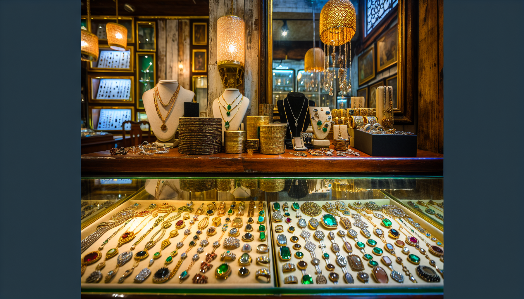 A display of various jewelry items in a local jeweler's store