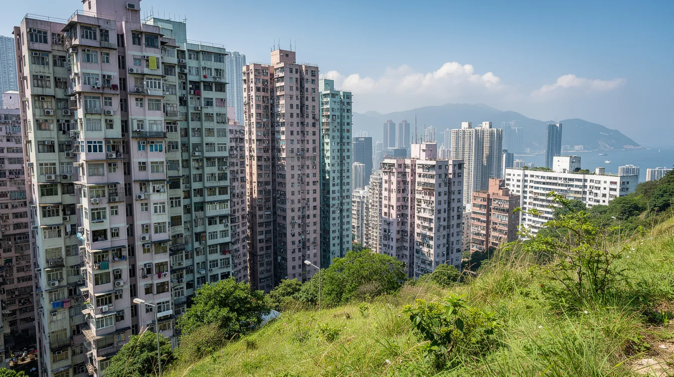 The image shows a panoramic view of Hong Kong's residential apartment buildings nestled against a hillside under a clear blue sky. The vibrant urban landscape highlights the densely packed structures typical of the city, offering a glimpse into the living environment of its residents, including 公務員 and other professionals.