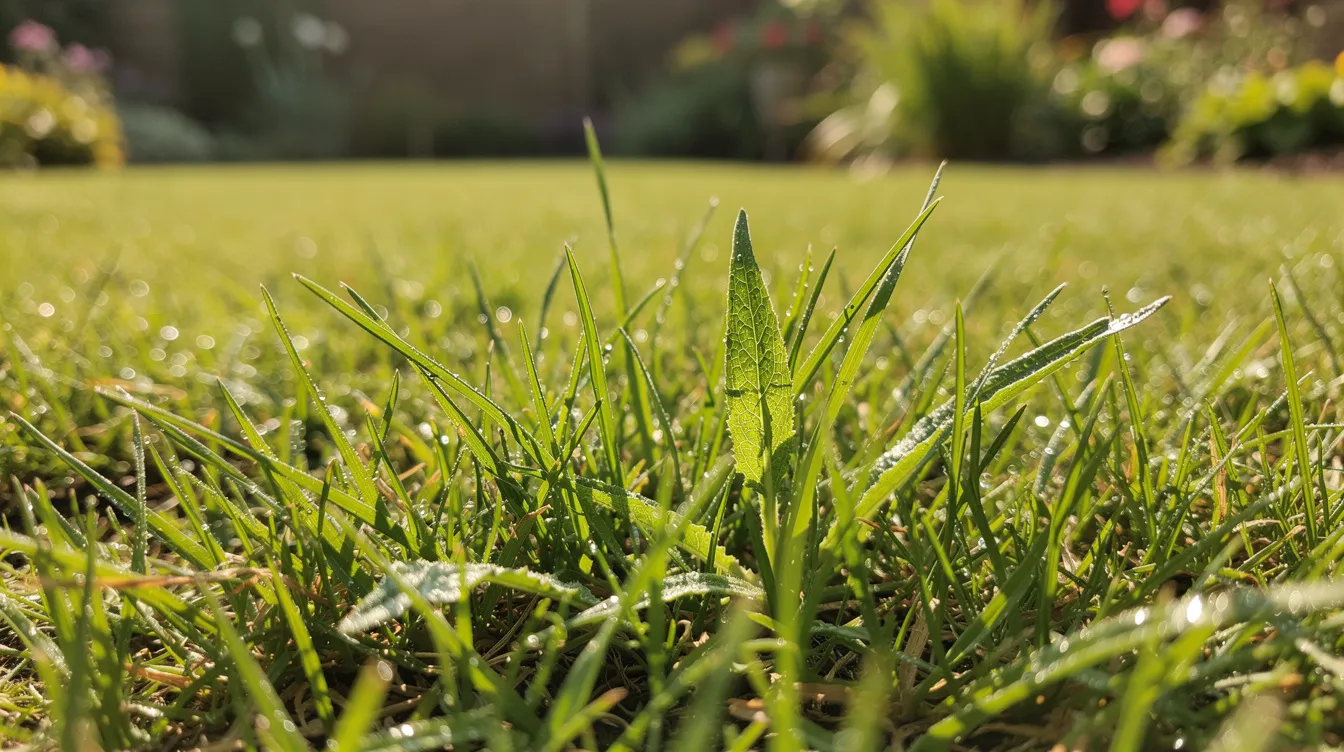 A close-up view of vibrant green grass blades in a UK garden during summer, showcasing the lush lawn health and even coverage essential for a thriving outdoor space. The healthy grass indicates proper lawn care, including nutrient uptake and frequent shallow watering, ensuring deeper root growth and resilience against drought stress.