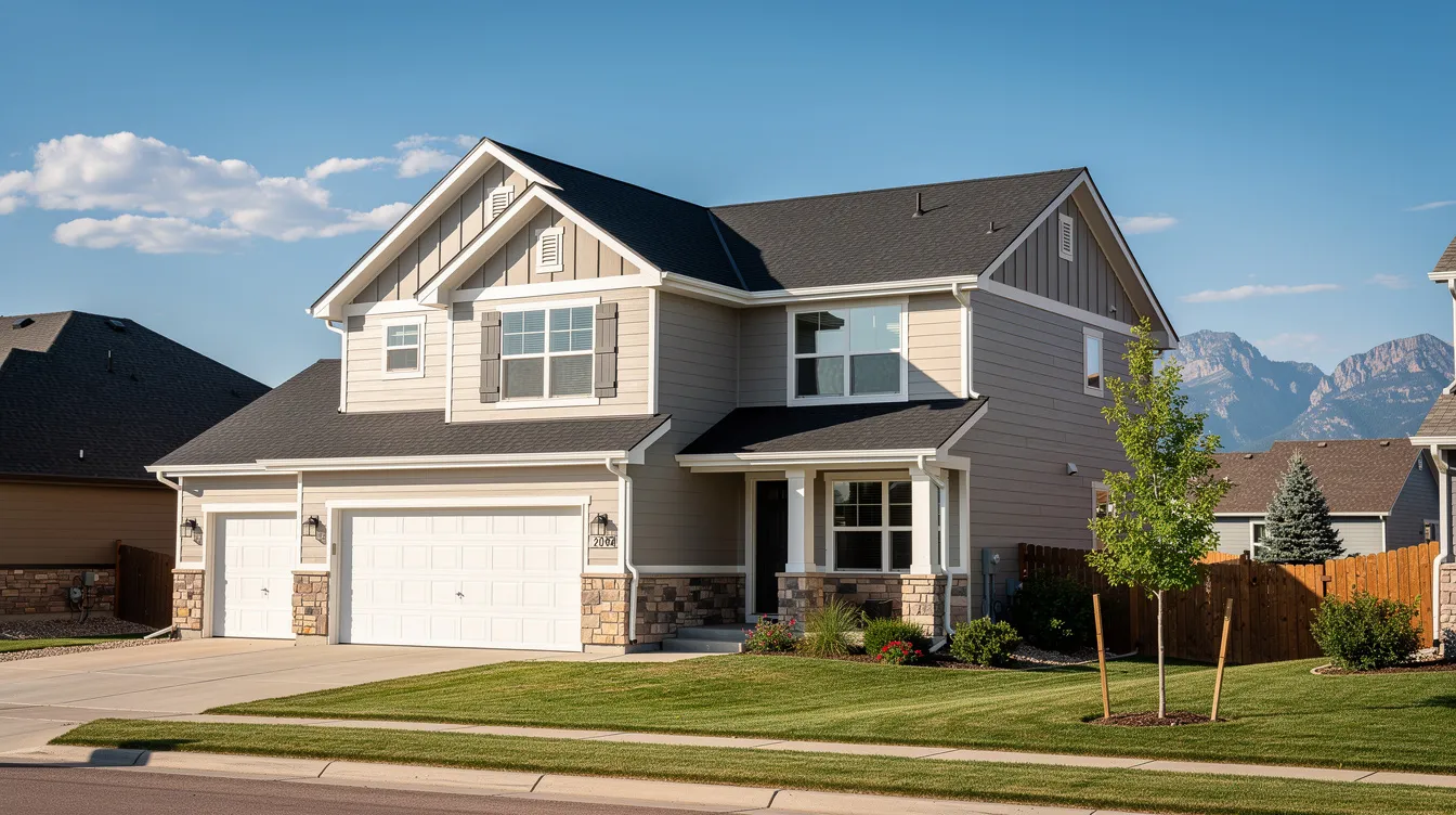 The image depicts a well-maintained residential home in a Colorado neighborhood, showcasing clean seamless gutters and downspouts against a clear blue sky. This exterior highlights the importance of professional seamless gutter installation for protecting homes from water damage and ensuring proper drainage.