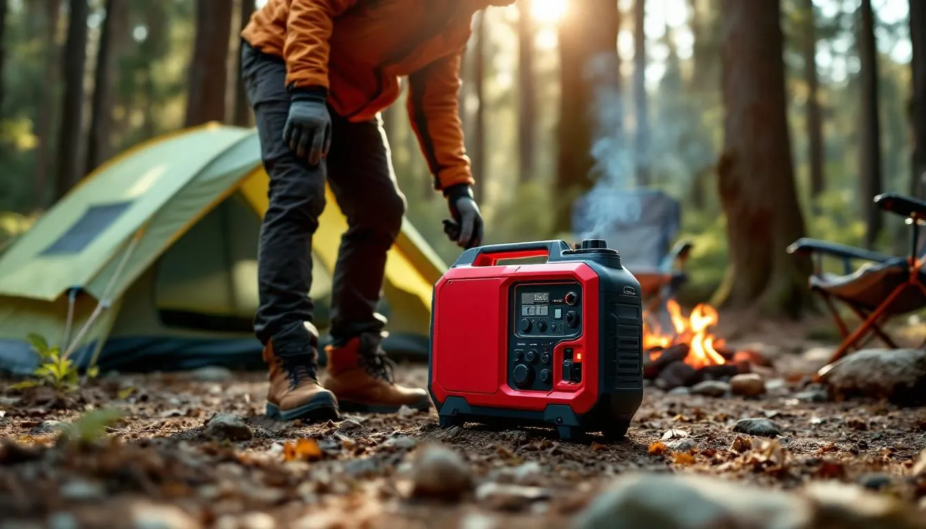 A person setting up a portable generator for camping.
