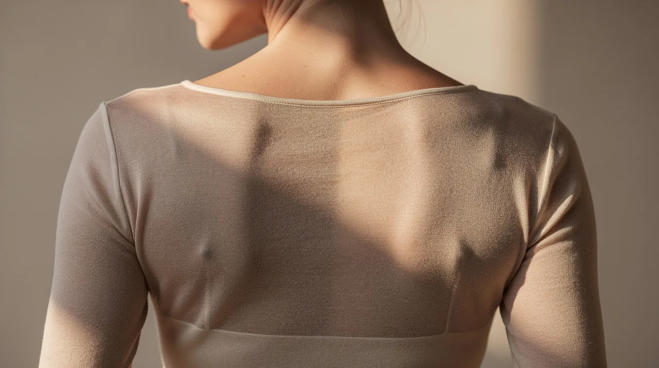 The image shows a woman's smooth upper back, prominently displayed through a fitted top, highlighting the contours of her body. This view emphasizes the bra line and suggests the potential for cosmetic procedures like back lift surgery to enhance the overall silhouette and address concerns such as loose or sagging skin.