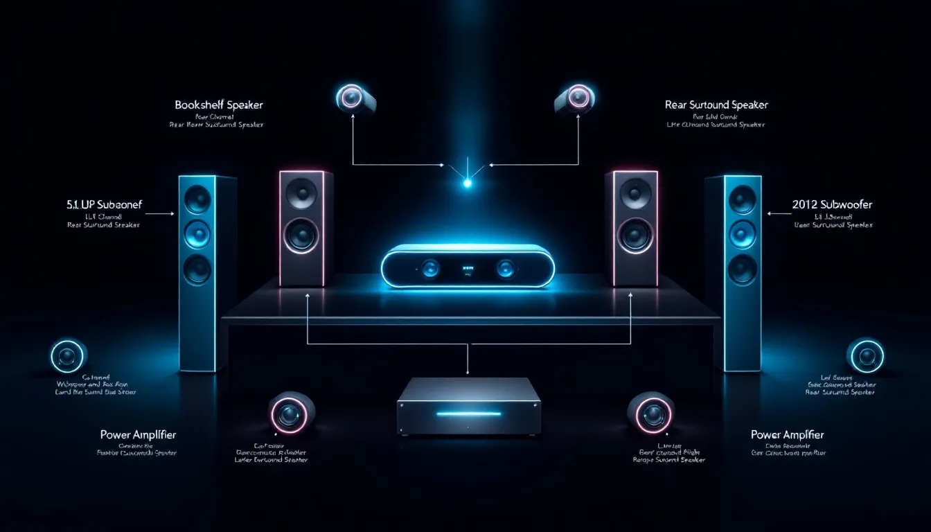 A diagram illustrating the components of a surround sound system, enhancing the surround sound experience.