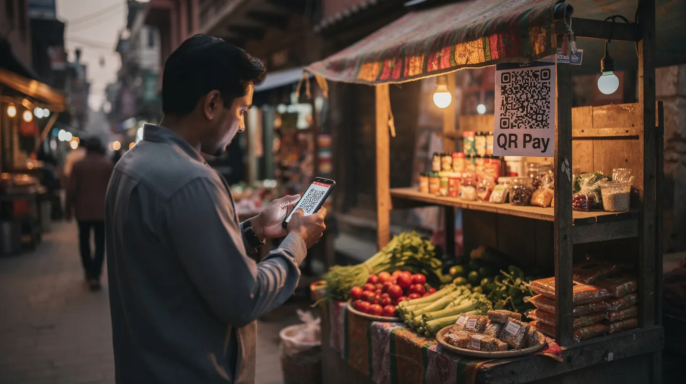 A person is holding a smartphone and scanning a QR code at a small street market stall in Nepal, utilizing a digital wallet for seamless payment transactions. This scene highlights the growing popularity of mobile banking and digital payment solutions for everyday purchases, including utility bills and local services.