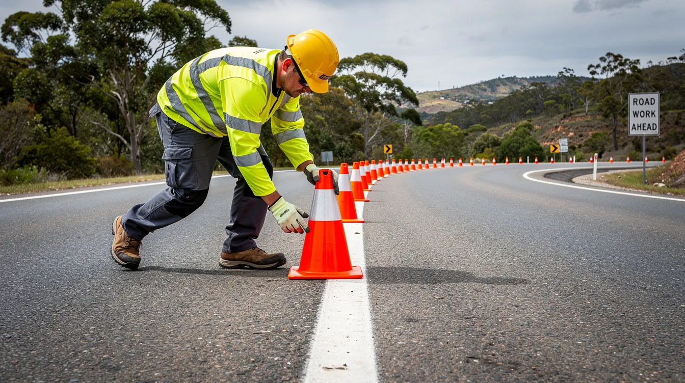 A construction worker is carefully placing bright orange traffic cones along a winding road, ensuring safety for drivers. The scene emphasizes the importance of site structure and traffic management for user experience on the road.
