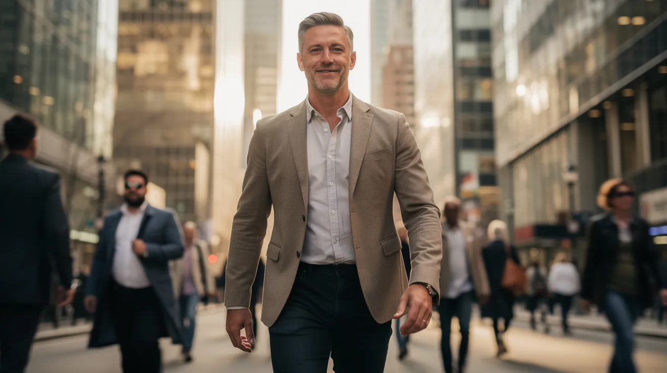 A confident man walks through a busy city street, maintaining a calm posture that reflects his self-assurance and emotional intelligence. His demeanor exemplifies the qualities of a high value man, taking pride in his journey and demonstrating respect for himself and others around him.