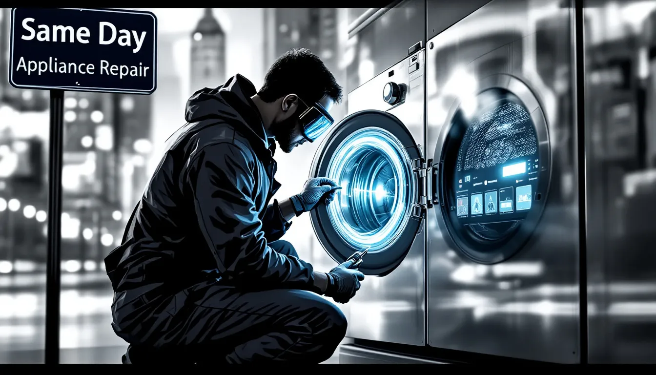 A technician performing repairs on iPSO laundry equipment, showcasing the expertise of Same Day Appliance Repair.