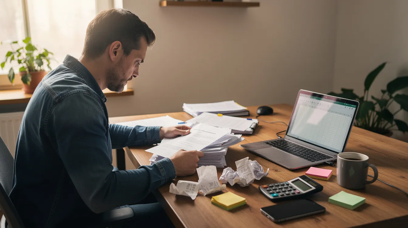 9977a0a4 038a 4a08 b8a7 76ad994708bf A small business owner is seated at a desk, reviewing various financial documents, including receipts and papers, while a laptop is open in front of them. This scene reflects the meticulous planning involved in preparing a mudra loan project report and managing cash flow for their business.