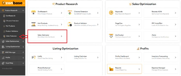 zonbase review - sales estimator screenshot
