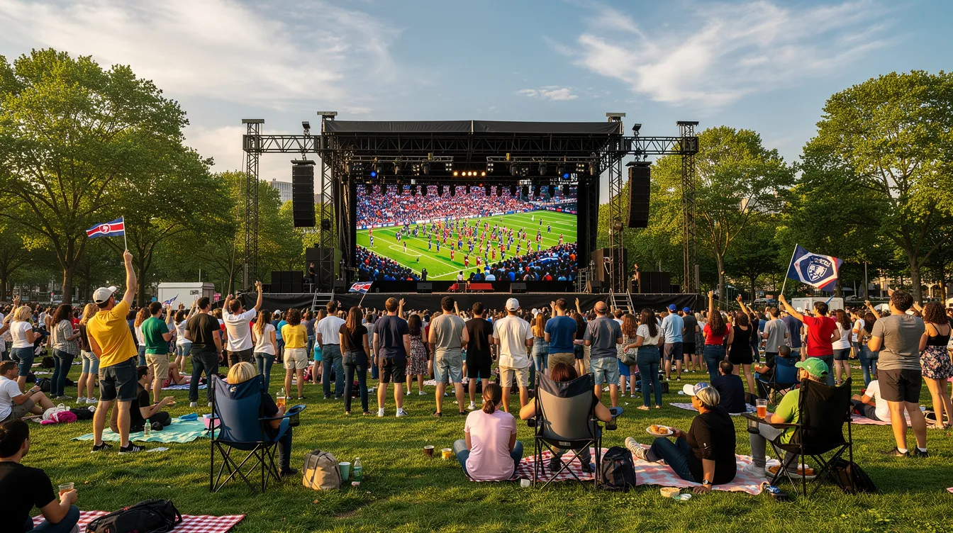 A large outdoor crowd gathers in a park, eagerly watching a sporting event on a bright LED video wall, surrounded by food trucks and vibrant string lights, creating a lively atmosphere for the ultimate watch party. Fans in team colors cheer together as they enjoy party food like hot dogs and snacks, making this a memorable game day experience.
