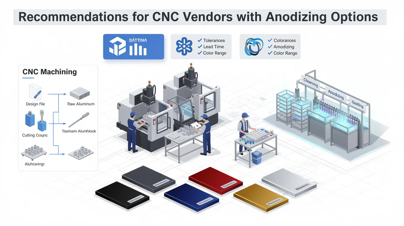 The image displays a sleek layout of a website featuring recommendations for CNC vendors that offer anodizing options, highlighting various surface treatment techniques like type II and type III anodizing for aluminum parts. It emphasizes the importance of corrosion resistance and durability in CNC machined parts, showcasing their applications in industries such as aerospace and automotive.
