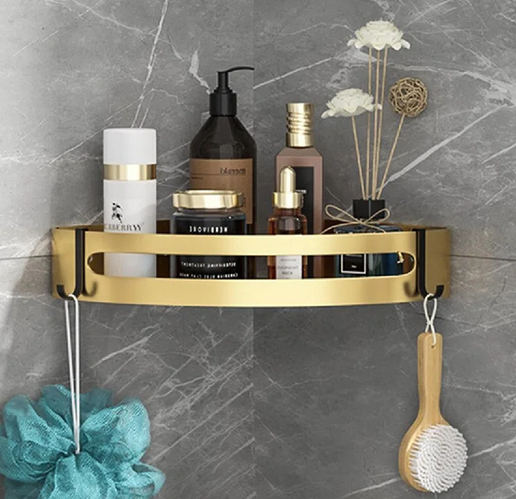 adhesive gold corner shower shelf with hooks