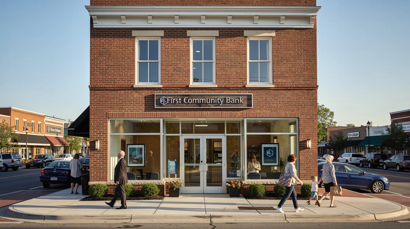 997c0949 1610 4d63 afc5 fed6521610e5 The image shows the exterior of a bank branch building located in a small town, with several people walking nearby. The bank serves as a hub for financial services, including loans and financial assistance, catering to clients from various sectors such as agriculture and manufacturing.