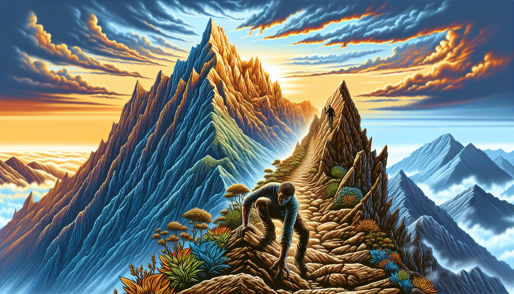 A person climbing a mountain trail