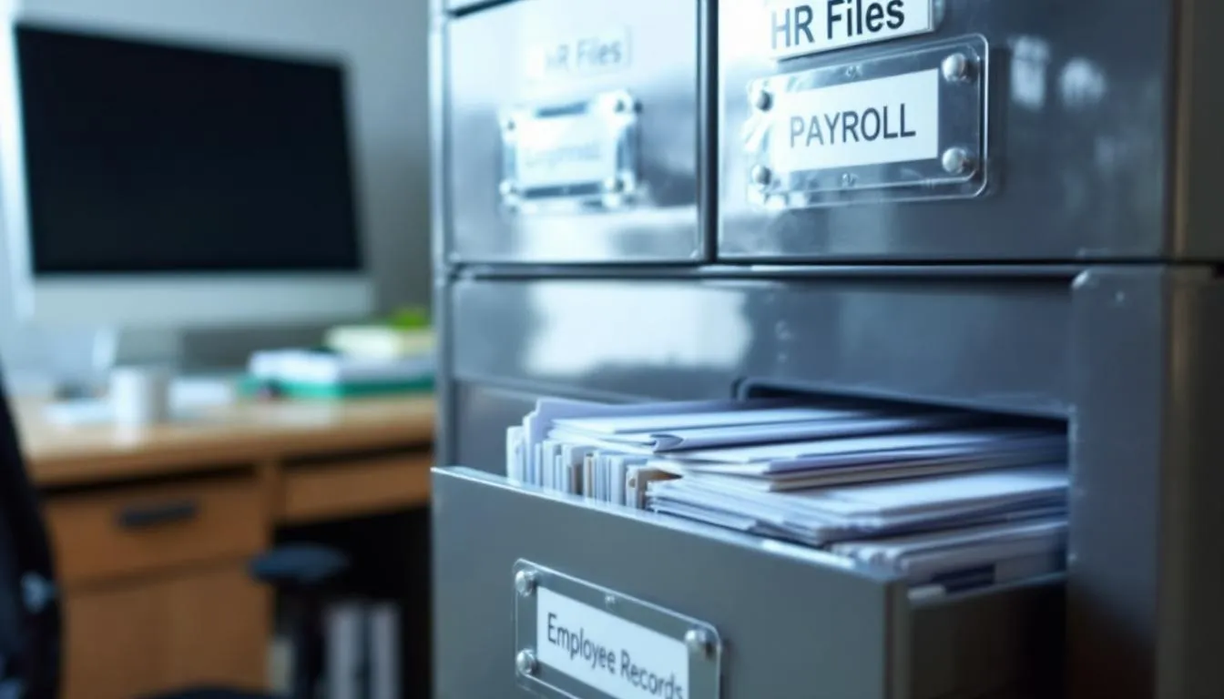 The image depicts a neatly organized filing cabinet filled with employment records and important documents, including contracts and records related to statutory sick pay (SSP) and company sick pay schemes. This setup is essential for employers to manage employee benefits and ensure compliance with statutory payments related to sickness absence and other employment matters.