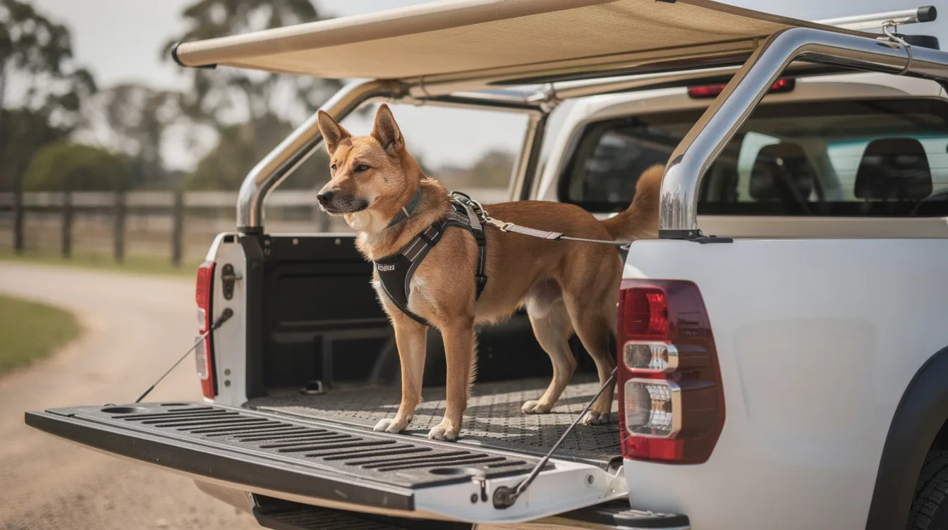 A working dog is safely secured in the tray of a ute, resting on a non-slip mat and shaded from the sun. The image emphasizes the dog's role in performing security verification while being comfortably positioned for safety and protection.