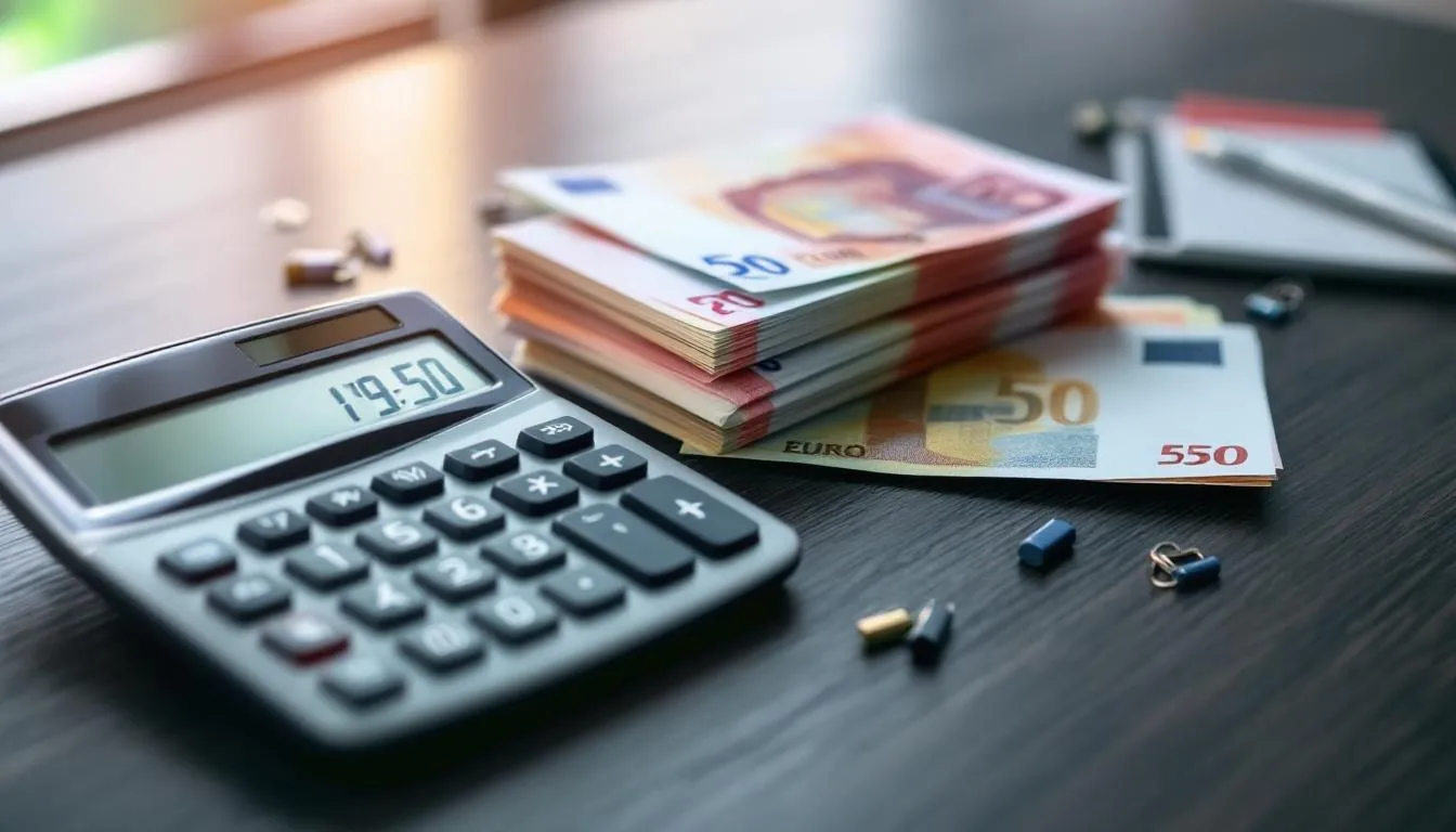 Una calculadora y varios billetes de euro están dispuestos sobre una mesa, mostrando un cálculo de costes relacionado con los trámites para obtener el carnet de conducir. La imagen sugiere la planificación financiera que implica el proceso de obtención de la licencia de conducción en España.