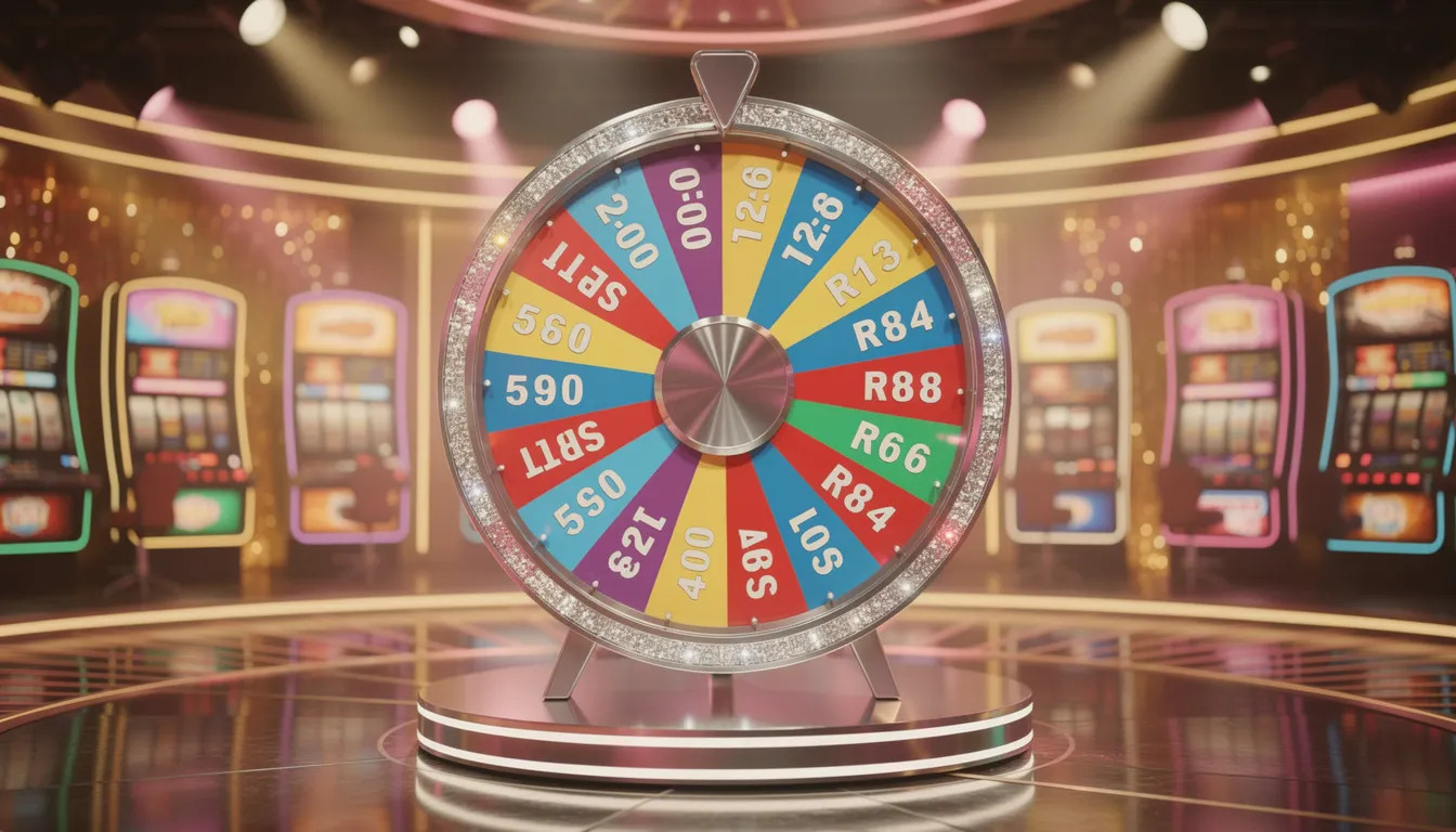 En färgglad spelshowhjul med starka ljus i en casino studio, som skapar en livlig atmosfär för live casinospel. Hjulet är designat för att locka spelare och erbjuder spännande möjligheter för dem som vill spela live.