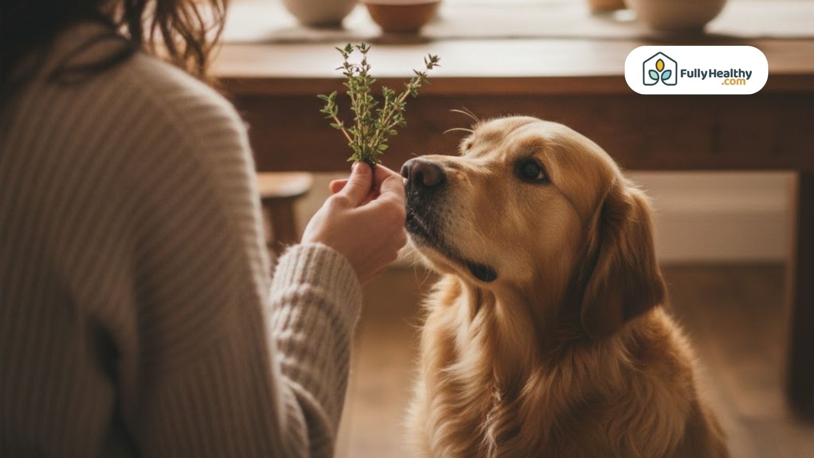Pet owner offering a small sprig of fresh thyme to a dog during feeding time.