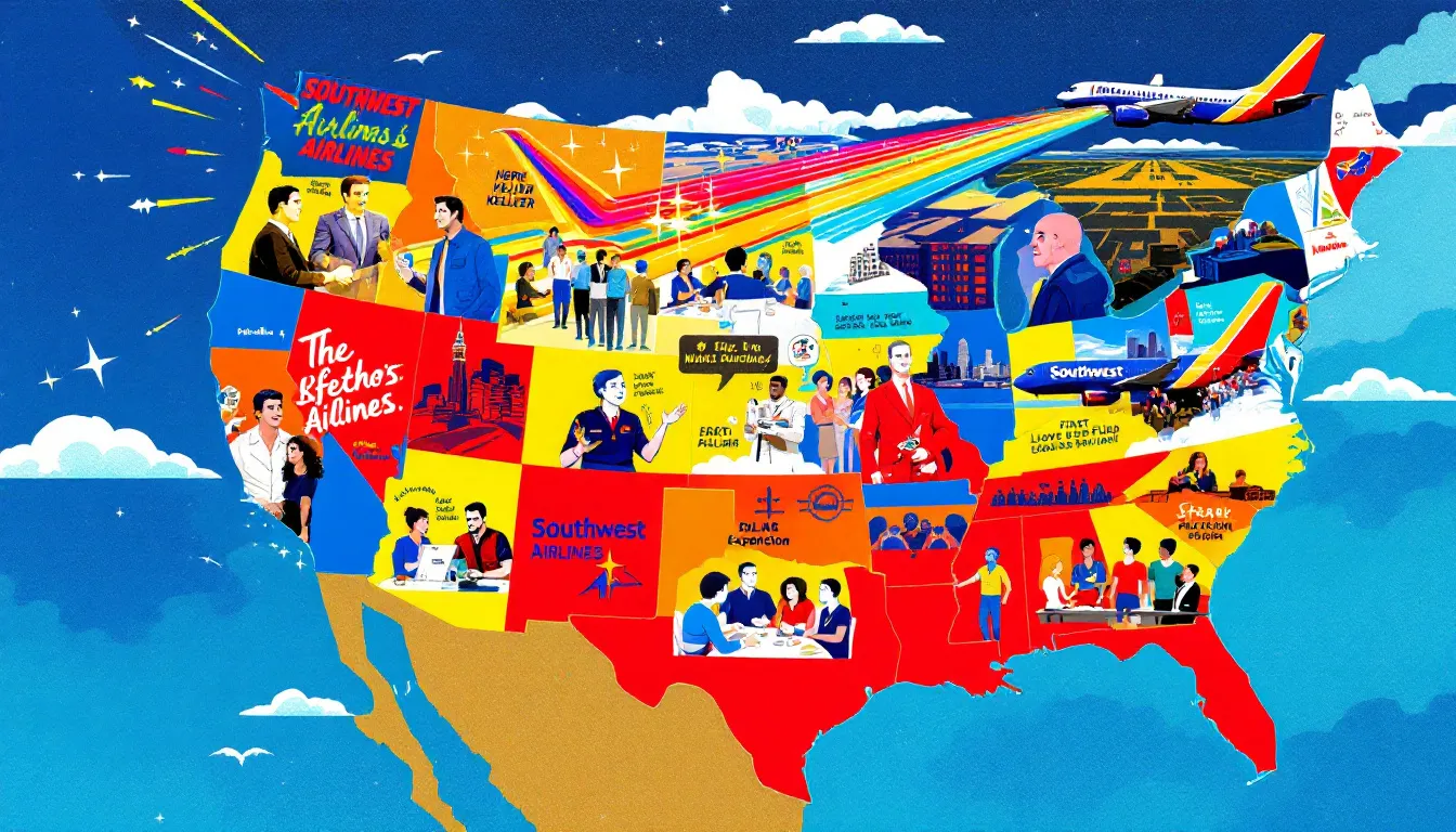 A map showing Southwest Airlines' expansion beyond Texas and into new markets.